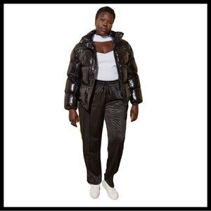 Ashley Stewart Outerwear Black Glossed Puffer Jacket